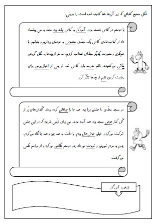 آزمون املای درس اول (کتابخانه کلاس ما) و درس دوم (مسجد محله ما) فارسی دوم دبستان - این ارزشیابی شامل املای دیکته ای و تصحیح متن املایی توسط دانش آموز است.