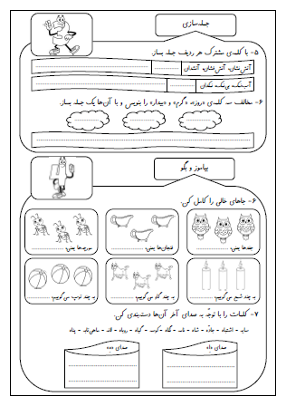 آزمون درس پنجم (چوپان درست‌کار) و درس ششم (کوشا و نوشا) فارسی دوم دبستان - این ارزشیابی شامل کلمات مخالف، دسته‌بندی کلمات مشابه، واژه‌سازی با پیشوند، انشای فارسی، جمله سازی و کاربرد چند کلمه در یک جمله، نشانه جمع «ها» و صداهای متفاوت «ه» در آخر کلمات است.