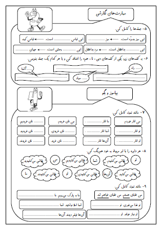 آزمون درس نهم (زیارت) و درس دهم (هنرمند) فارسی دوم دبستان - این ارزشیابی شامل پسوند «خانه»، ابزار و وسایل شغل‌ها، انشای کوتاه در مورد هنر مورد علاقه، رابطه صفت و موصوف در جمله، جمله سازی با کلمات پیشوندی، تشخیص فعل جمله به کمک ضمیر، تبدیل زمان (فعل) حال به زمان (فعل) آینده است.