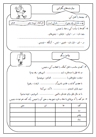 نمونه آزمون درس دوازدهم (فردوسی) و سیزدهم (ایران زیبا) فارسی دوم دبستان - این نمونه ارزشیابی شامل پسوند «تر» و «ترین»، پسوند مکان «گاه»، انشای فارسی، حدس کلمه مناسب جمله، مرتب کردن جملات، تشخیص فعل مناسب جمله، جمع بستن کلمات با نشانه های جمع «ها» و «ان» است. این برگه مخصوص تمرین امتحان در منزل است.