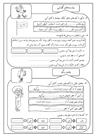 نمونه آزمون درس چهاردهم (پرچم) و پانزدهم (نوروز) فارسی دوم دبستان - این نمونه ارزشیابی شامل کلمات هم‌آوا، پسوند «کار»، ادامه دادن داستان، کامل کردن جمله با کلمه مناسب، پیدا کردن ترکیب دو کلمه در متن، کاربرد «ی» جنس در آخر کلمه و جمع بستن کلمات با نشانه جمع «گان» است. این برگه مخصوص تمرین امتحان در منزل است.
