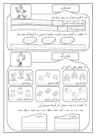 نمونه آزمون درس پنجم (چوپان درست‌کار) و درس ششم (کوشا و نوشا) فارسی دوم دبستان - این نمونه ارزشیابی شامل کلمات مخالف، دسته‌بندی کلمات مشابه، واژه‌سازی با پیشوند، انشای فارسی، جمله سازی و کاربرد چند کلمه در یک جمله، نشانه جمع «ها» و صداهای متفاوت «ه» در آخر کلمات است. این برگه مخصوص تمرین امتحان در منزل است.
