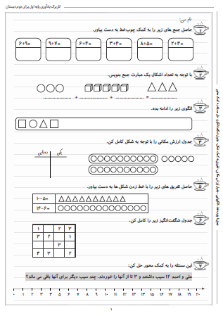این تمرینات مروری بر ریاضی پایه اول دبستان بوده و شامل جمع با چوب‌خط، الگویابی، جدول ارزش مکانی، تفریق به کمک شکل، جدول شگفت‌انگیز و حل مسئله به کمک محور است.