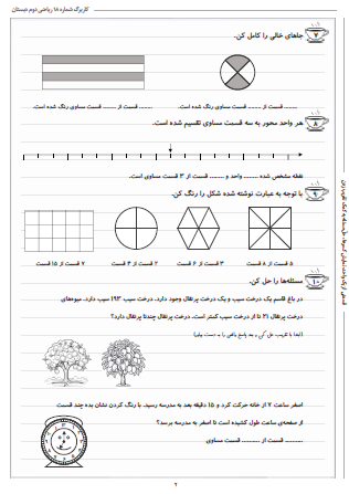 این تمرینات مربوط به فصل هفتم ریاضی دوم دبستان (کسر و احتمال) بوده و شامل قسمتی از یک واحد، نمایش کسرها و حلّ مسئله به کمک تقریب زدن است.