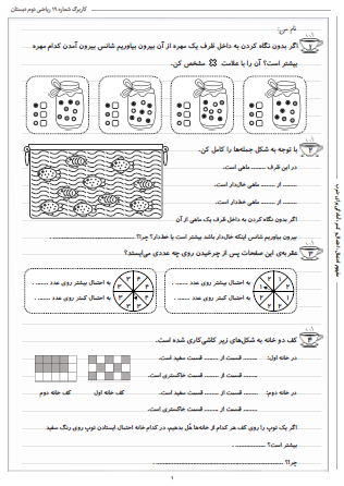 این تمرینات مربوط به فصل هفتم ریاضی دوم دبستان (کسر و احتمال) بوده و شامل مفهوم احتمال، احتمال و کسر و آمادگی برای ضرب است.
