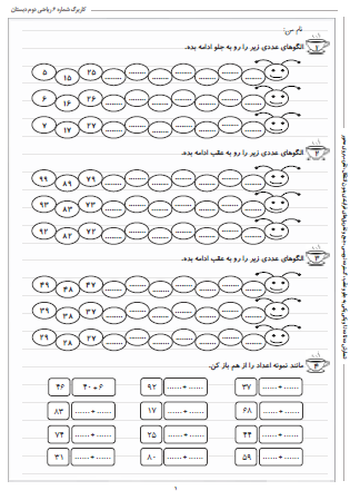 این تمرینات مربوط به فصل دوم ریاضی دوم دبستان (جمع و تفریق اعداد دو رقمی) بوده و شامل شمارش ده تا ده تا و یکی یکی به جلو و عقب، گسترده نویسی، جمع و تفریق‌های فرایندی بدون انتقال و تقریب روی محور است.