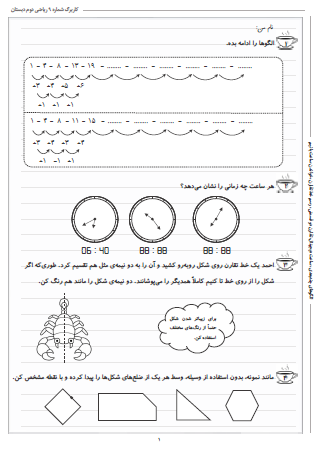 این تمرینات مربوط به فصل سوم ریاضی دوم دبستان (اشکال هندسی) بوده و شامل الگوهای چندبعدی، ساعت دیجیتال، تقارن دو قسمتی، رسم خط تقارن و خواندن ساعت با نیم است.