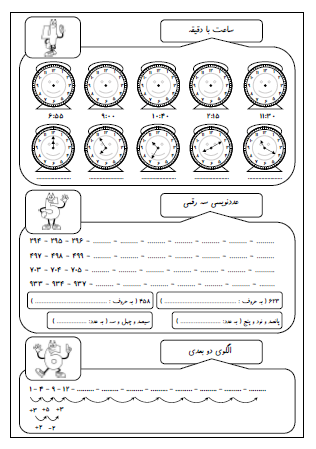 این کاربرگ به منظور مرور موضوعات اصلی ریاضی پایه دوم دبستان فراهم گردیده و شامل جمع و تفریق اعداد دو رقمی و سه رقمی، ساعت، عددنویسی، الگوی دو بعدی، اندازه‌گیری و حل مسئله است.