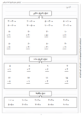 آزمون جمع و تفریق اعداد دو رقمی ریاضی دوم دبستان - این ارزشیابی شامل جمع و تفریق ده‌تایی، جمع و تفریق ساه، جمع دوقلوها، تفریق یکی‌ها و جمع و تفریق فرایندی است.
