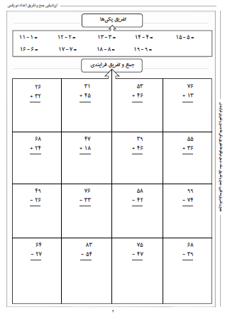 آزمون جمع و تفریق اعداد دو رقمی ریاضی دوم دبستان - این ارزشیابی شامل جمع و تفریق ده‌تایی، جمع و تفریق ساه، جمع دوقلوها، تفریق یکی‌ها و جمع و تفریق فرایندی است.