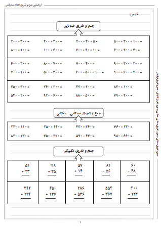 آزمون جمع و تفریق اعداد سه رقمی ریاضی دوم دبستان - این ارزشیابی شامل جمع و تفریق صدتایی، جمع و تفریق صدتایی – ده‌تایی، جمع و تفریق تکنیکی و جمع و تفریق فرایندی است.