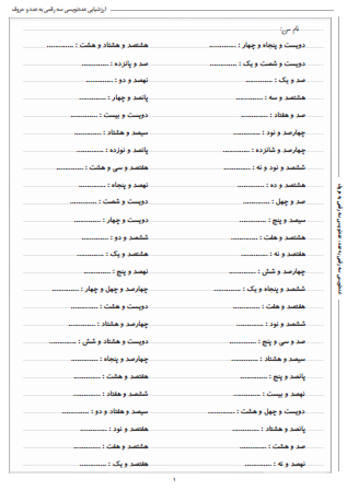آزمون عددنویسی سه رقمی به عدد و حروف ریاضی دوم دبستان - این ارزشیابی شامل عددنویسی سه رقمی به عدد و عددنویسی سه رقمی به حروف است.