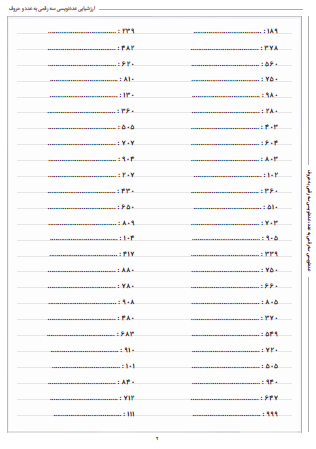 آزمون عددنویسی سه رقمی به عدد و حروف ریاضی دوم دبستان - این ارزشیابی شامل عددنویسی سه رقمی به عدد و عددنویسی سه رقمی به حروف است.