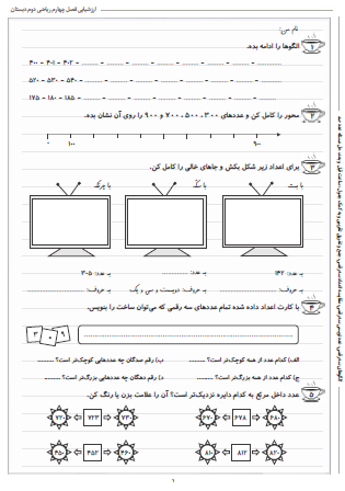 آزمون فصل چهارم ریاضی دوم دبستان (عددهای سه رقمی) - این ارزشیابی شامل الگوهای سه رقمی، عددنویسی سه رقمی، مقایسه اعداد سه رقمی، جمع و تفریق تقریبی و به کمک جدول، ساعت قبل  و بعد و حل مسئله عدد صد است.