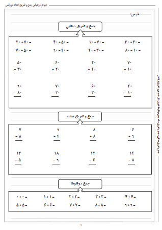 نمونه آزمون جمع و تفریق اعداد دو رقمی ریاضی دوم دبستان - این نمونه ارزشیابی شامل جمع و تفریق ده‌تایی، جمع و تفریق ساه، جمع دوقلوها، تفریق یکی‌ها و جمع و تفریق فرایندی است. این برگه مخصوص تمرین امتحان در منزل است.