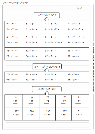 نمونه آزمون جمع و تفریق اعداد سه رقمی ریاضی دوم دبستان - این نمونه ارزشیابی شامل جمع و تفریق صدتایی، جمع و تفریق صدتایی – ده‌تایی، جمع و تفریق تکنیکی و جمع و تفریق فرایندی است. این برگه مخصوص تمرین امتحان در منزل است.