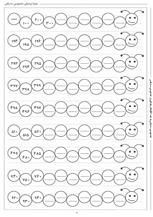 نمونه آزمون عددنویسی سه رقمی ریاضی دوم دبستان - این نمونه ارزشیابی شامل عددنویسی سه رقمی به عدد و الگوهای چندتایی در عددنویسی سه رقمی است. این برگه مخصوص تمرین امتحان در منزل است.