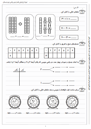 نمونه آزمون فصل دوم ریاضی دوم دبستان (جمع و تفریق اعداد دو رقمی) - این نمونه ارزشیابی شامل جمع و تفریق دو رقمی فرایندی، عددنویسی نظام‌دار، ساعت با دقیقه، تقریب، حل مسئله جمع و تفریق دو رقمی است. این برگه مخصوص تمرین امتحان در منزل است.