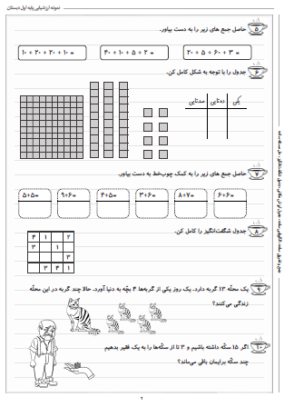 نمونه آزمون یادآوری پایه اول برای دوم دبستان - این نمونه ارزشیابی شامل جمع و تفریق ساده، الگویابی ساده، جدول ارزش مکانی، جدول شگفت‌انگیز و حل مسئله ساده است.
