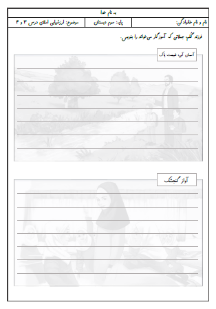 آزمون املای درس سوم (آسمان آبی) و درس چهارم (آواز گنجشک) فارسی سوم دبستان - این ارزشیابی شامل املای دیکته ای، انتخاب شکل صحیح کلمه، دسته‌بندی کلمات درست و غلط، نوشتن کلمه با نشانه خاص و نقطه‌گذاری متن بدون نقطه است.