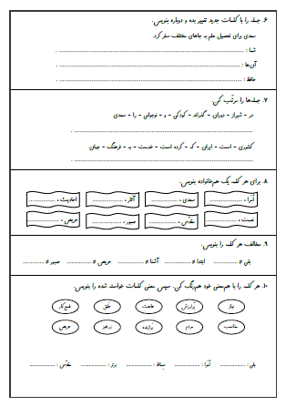 آزمون درس یازدهم (نویسنده بزرگ) و درس دوازدهم (ایران عزیز) فارسی سوم دبستان - این ارزشیابی شامل تبدیل کلمات جمع به مفرد، جمله‌سازی، تغییر جمله با جایگزینی کلمات جدید، مرتب کردن جملات، هم‌خانواده کلمات، مخالف کلمات و هم‌معنی کلمات است.