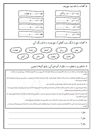 آزمون درس چهاردهم (ایران آباد) و درس پانزدهم (دریا) فارسی سوم دبستان - این ارزشیابی شامل مرتب کردن کلمات به ترتیب حروف الفبا، استفاده از فاعل مناسب برای فعل، ساخت کلمات معنادار با ترکیب «ـه» به آخر کلمات، تشخیص تشبیه در شعر ساده، جمع بستن کلمات با «گان»، تشخیص کلمات جمع و درک مطلب است.