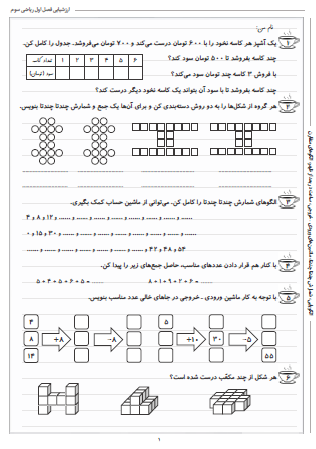 آزمون فصل اول ریاضی سوم دبستان (الگوها) - این ارزشیابی شامل الگویابی، شمارش چندتا چندتا، ماشین‌های ورودی – خروجی، ساعت در بعد از ظهر و الگوهای متقارن است.