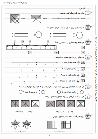 آزمون فصل سوم ریاضی سوم دبستان (عددهای کسری) - این ارزشیابی شامل نمایش کسر روی شکل، نمایش کسر روی محور، تساوی کسرها، مقایسه کسرها، کار با گونیا و زاویه راست و رسم دایره با پرگار است.