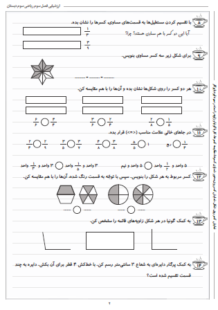 آزمون فصل سوم ریاضی سوم دبستان (عددهای کسری) - این ارزشیابی شامل نمایش کسر روی شکل، نمایش کسر روی محور، تساوی کسرها، مقایسه کسرها، کار با گونیا و زاویه راست و رسم دایره با پرگار است.