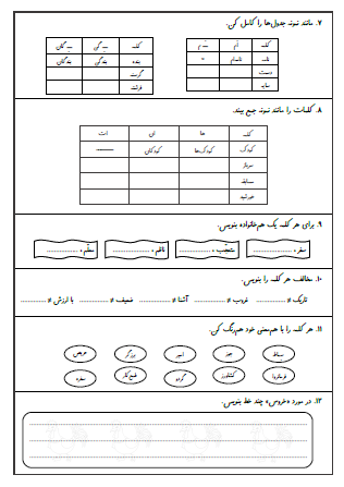 نمونه آزمون جامع فارسی سوم دبستان - این نمونه ارزشیابی شامل جمله‌سازی، مرتب کردن جملات، تغییر جمله با کلمه جدید، تشخیص فعل از سایر کلمات، کامل کردن جمله با فعل مناسب، استفاده از ترکیب درست کلمه با ضمیر، جمع بستن کلمات با نشانه های جمع «ها» و «ان» و «ات»، هم‌خانواده کلمات، مخالف کلمات، هم‌معنی کلمات و بندنویسی است. این برگه مخصوص تمرین امتحان در منزل است.