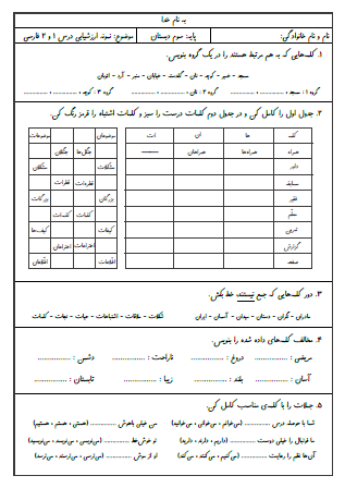 نمونه آزمون درس اول (محله ما) و درس دوم (زنگ ورزش) فارسی سوم دبستان - این نمونه ارزشیابی شامل جمع بستن کلمات با نشانه‌های جمع «ها» و «ان» و «ات»، کلمات مخالف، تکمیل جملات با فعل مناسب، استفاده از ضمیر مناسب برای جمله، هم‌معنی کلمات، جمله‌سازی، مرتب کردن جمله و بندنویسی برای تصاویر است. این برگه مخصوص تمرین امتحان در منزل است.