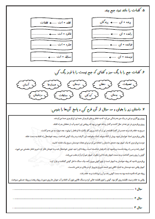 نمونه آزمون درس چهاردهم (ایران آباد) و درس پانزدهم (دریا) فارسی سوم دبستان - این نمونه ارزشیابی شامل مرتب کردن کلمات به ترتیب حروف الفبا، استفاده از فاعل مناسب برای فعل، ساخت کلمات معنادار با ترکیب «ـه» به آخر کلمات، تشخیص تشبیه در شعر ساده، جمع بستن کلمات با «گان»، تشخیص کلمات جمع و درک مطلب است. این برگه مخصوص تمرین امتحان در منزل است.