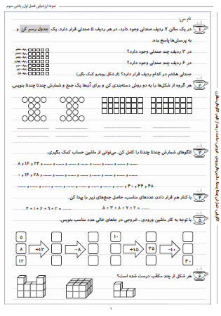 نمونه آزمون فصل اول ریاضی سوم دبستان (الگوها) - این نمونه ارزشیابی شامل الگویابی، شمارش چندتا چندتا، ماشین‌های ورودی – خروجی، ساعت در بعد از ظهر و الگوهای متقارن است. این برگه مخصوص تمرین امتحان در منزل است.