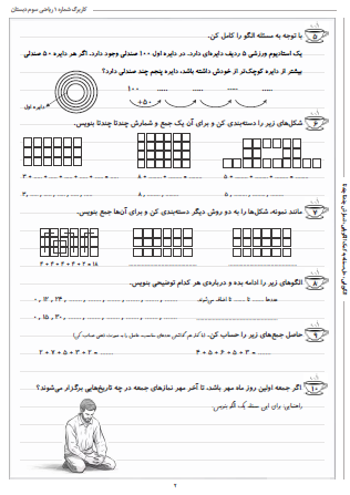 این تمرینات مربوط به فصل اول ریاضی سوم دبستان (الگویابی) بوده و شامل الگویابی، حل مسئله به کمک الگویابی و شمارش چندتا چندتا است.