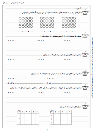 این تمرینات مربوط به فصل چهارم ریاضی سوم دبستان (ضرب و تقسیم) بوده و شامل تساوی ضرب‌ها، روش‌های مختلف به دست آوردن حاصل ضرب، جدول ضرب، ضرب اعداد در یک و حل مسئله‌های ضرب است.