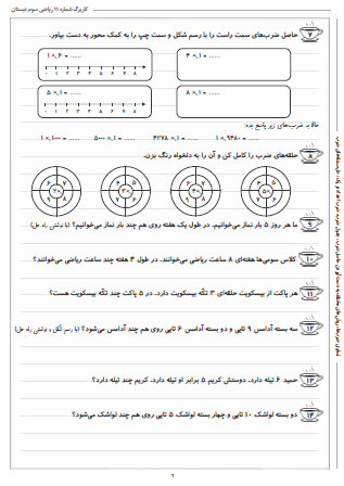 این تمرینات مربوط به فصل چهارم ریاضی سوم دبستان (ضرب و تقسیم) بوده و شامل تساوی ضرب‌ها، روش‌های مختلف به دست آوردن حاصل ضرب، جدول ضرب، ضرب اعداد در یک و حل مسئله‌های ضرب است.