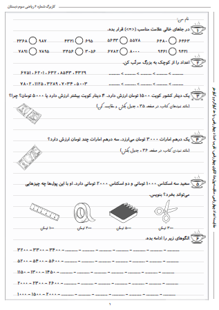 این تمرینات مربوط به فصل دوم ریاضی سوم دبستان (عددهای چهار رقمی) بوده و شامل مقایسه اعداد چهار رقمی، مقایسه پول‌ها، الگوی چهار رقمی، تقریب اعداد چهار رقمی و واحد کیلوگرم و کیلومتر است.