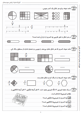 این تمرینات مربوط به فصل سوم ریاضی سوم دبستان (کسر) بوده و شامل مفهوم کسر، نوشتن کسر برای شکل و کسر تقریبی است.