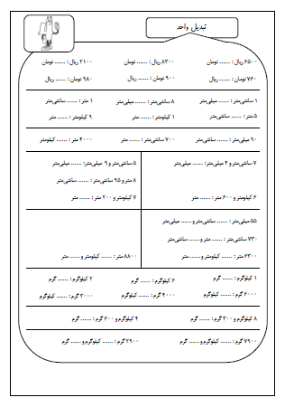 این تمرینات شامل مباحث پایه ای سوم دبستان به منظور مرور مجدد بوده و شامل جمع و تفریق اعداد چهار رقمی، تبدیل واحد و حلّ مسئله است.