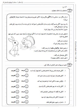 داستان کوتاه سنجاب کوچولوی فراموش‌کار مناسب برای تمرین درک مطلب دوم دبستان است و شامل پرسش‌های درست و نادرست و پاسخ‌کوتاه است.